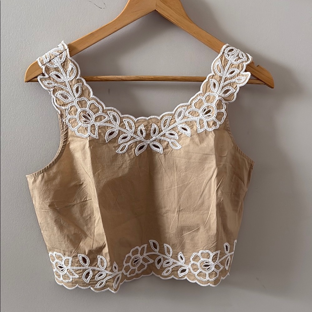 NWT LOFT Tan and White Lace Embellished Sleeveless Crop Top